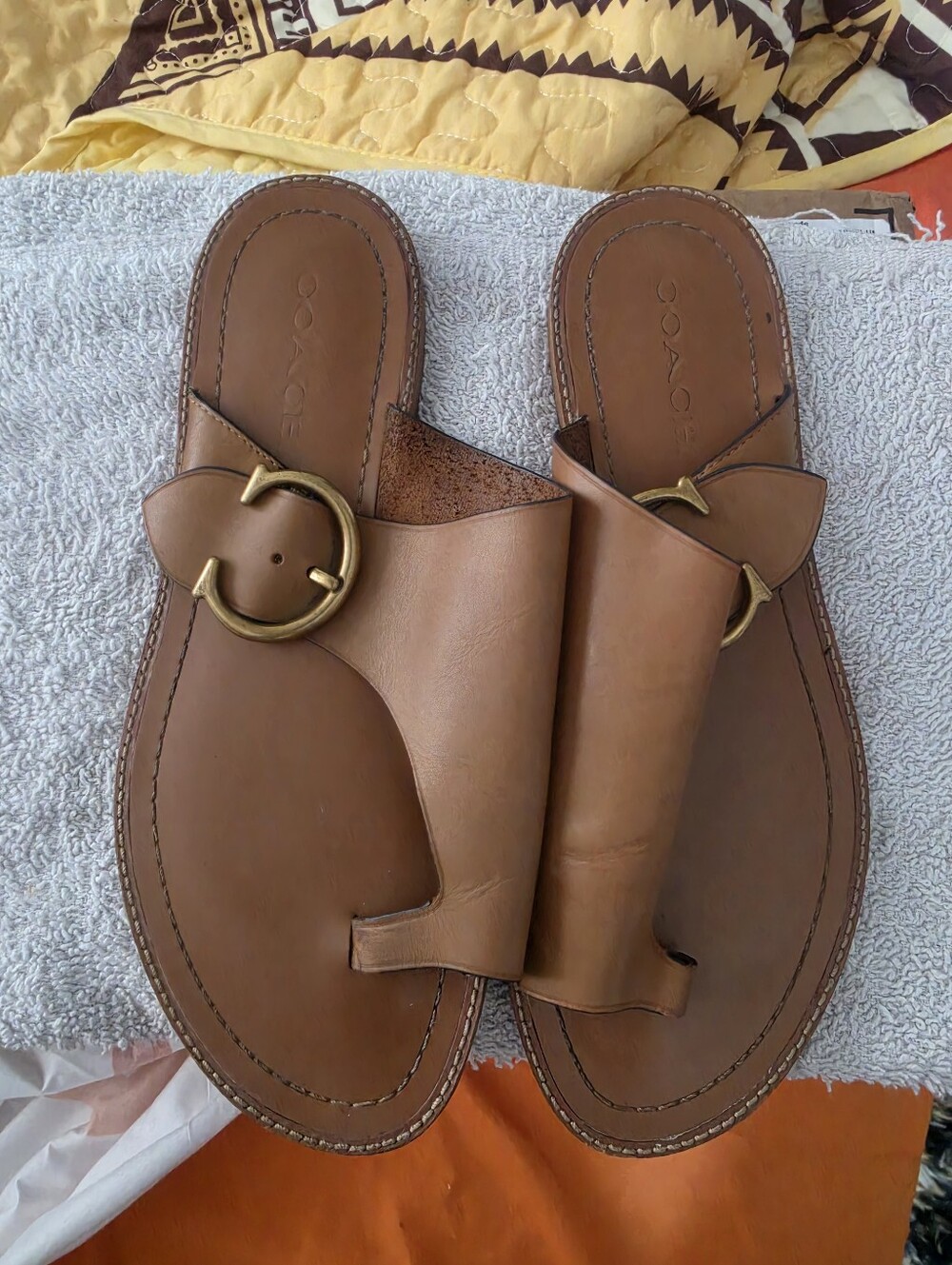 Coach Tan Leather Slide Sandals with Decorative Buckle